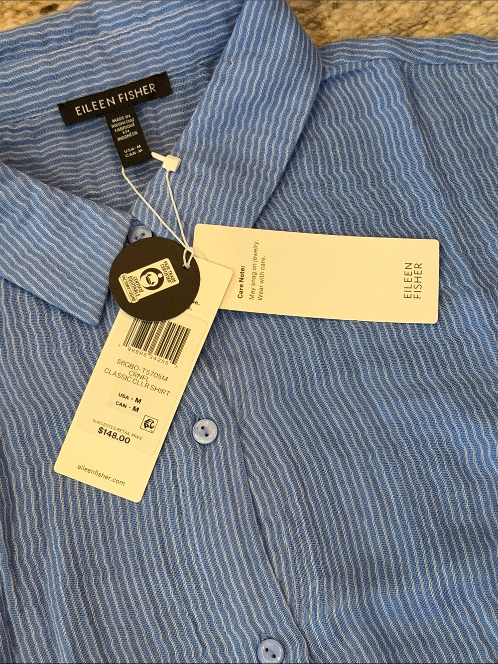 NWT Eileen Fisher Cotton Gauze Striped Classic Collar Shirt - Cornflower - Picture 4 of 6